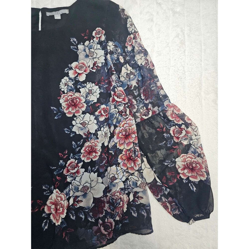 Valerie Stevens Black Floral Chiffon Blouse L Long Sleeve Keyhole
